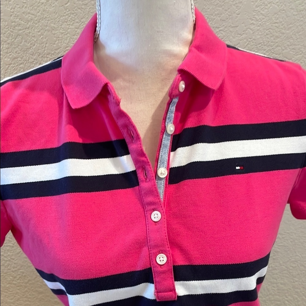 New Tommy Hilfiger Women's Pink/Navy Striped Polo Shirt - Picture 3 of 5